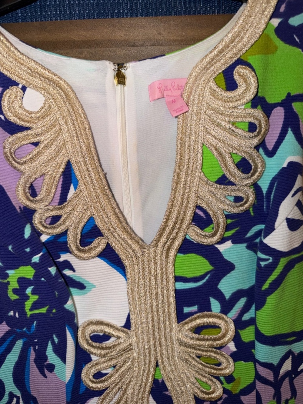 Lilly Pulitzer Navy, Green & Aqua Floral Dress with Gold Trim